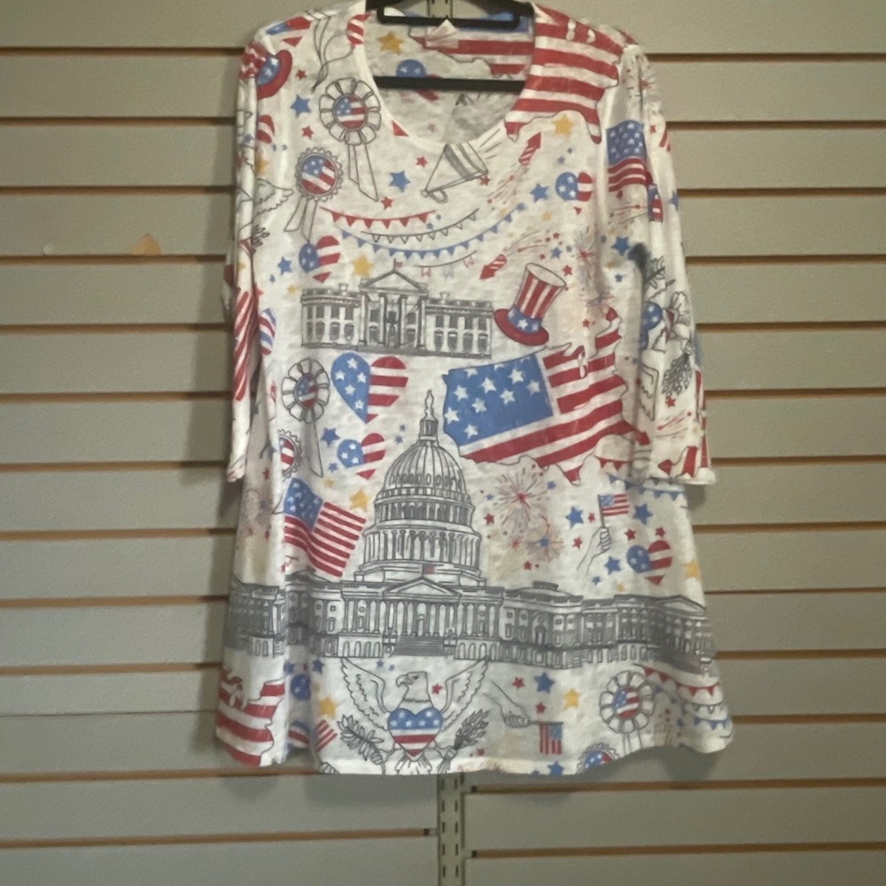 Et Lois Womens Large Patriotic Americana Print V-Neck 3/4 Sleeve Tunic Top USA